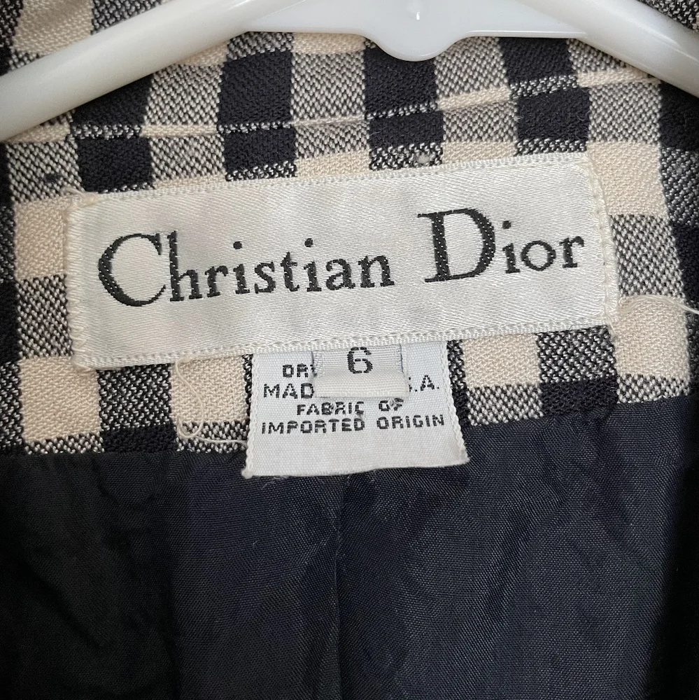 Christian Dior Vintage Women Blazer, Black and White Checkered, 3/4 Sleeve -Sz 6